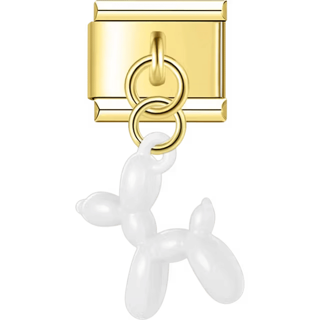 Gold Italian charm dangle with a white balloon dog figurine hanging from two gold rings.